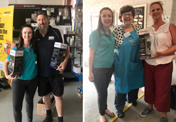 Two photos, one of Engagement Officer Caroline Odgers buying water filters from a Bega business, the other of her giving the water filters to two staff at Sapphire Community Projects